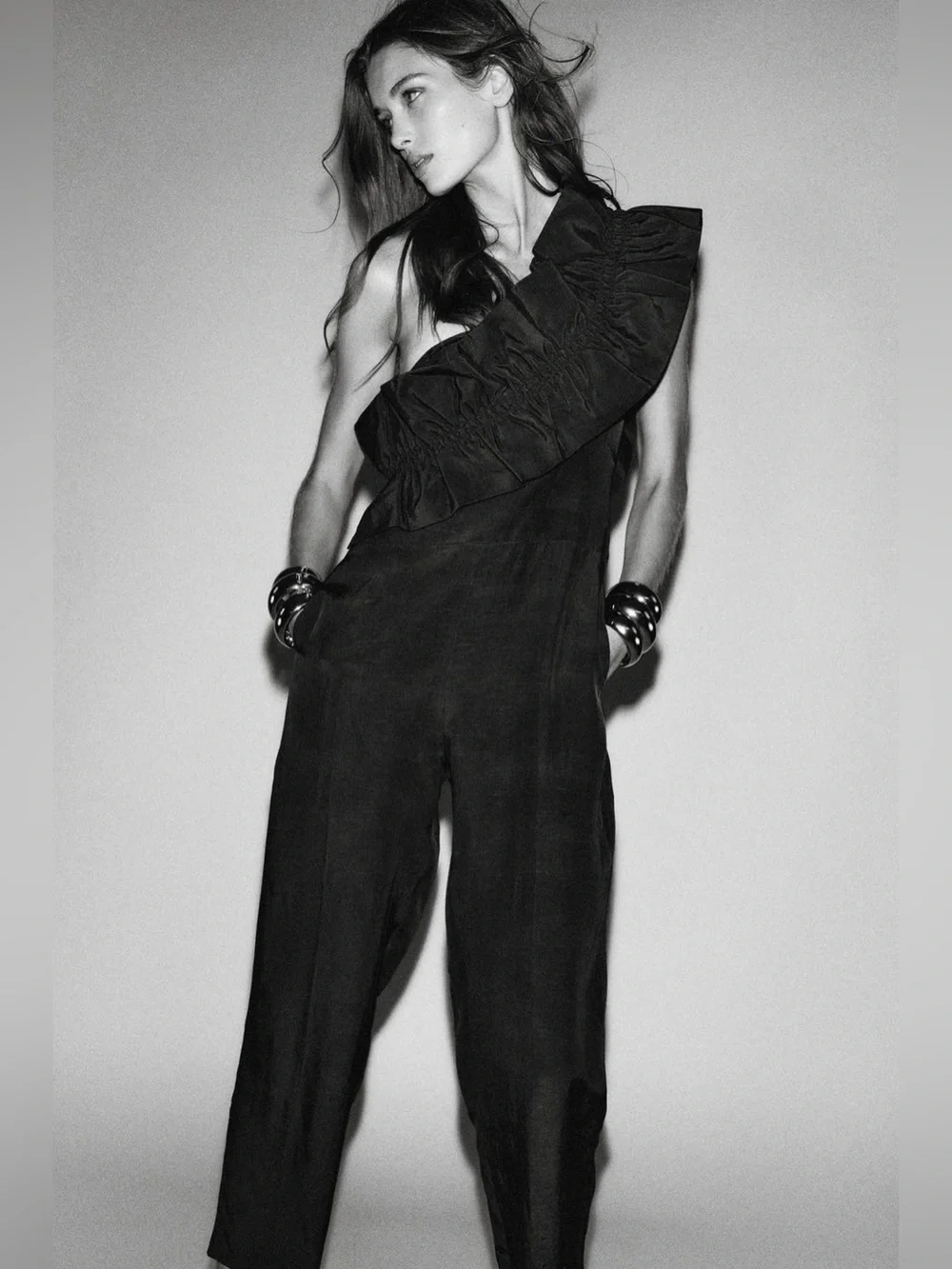 Zara Brown One-Shoulder Ruffle Jumpsuit